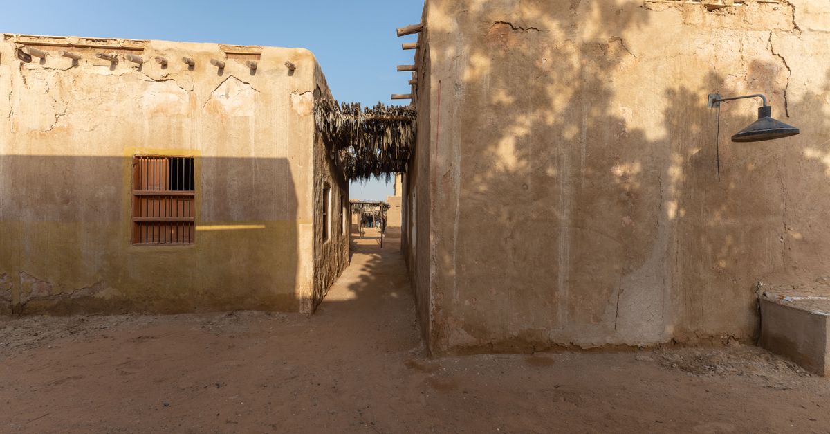 View of traditional mud houses in a desert village during the day.